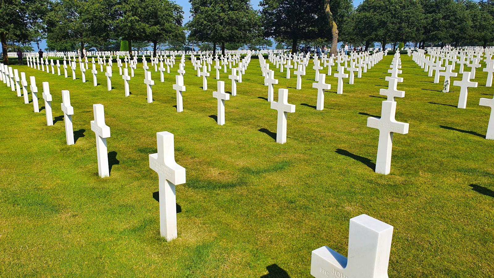 Rows of white marble crosses at the Normandy American Cemetery above Omaha Beach