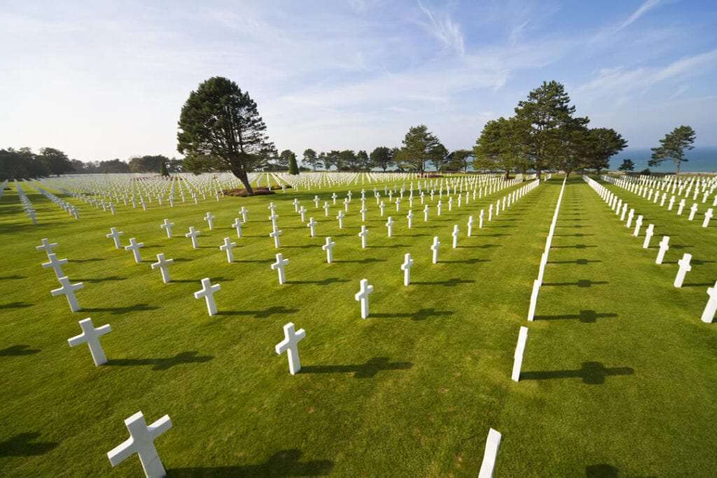 Rows of white crosses at the Normandy American Cemetery above Omaha Beach